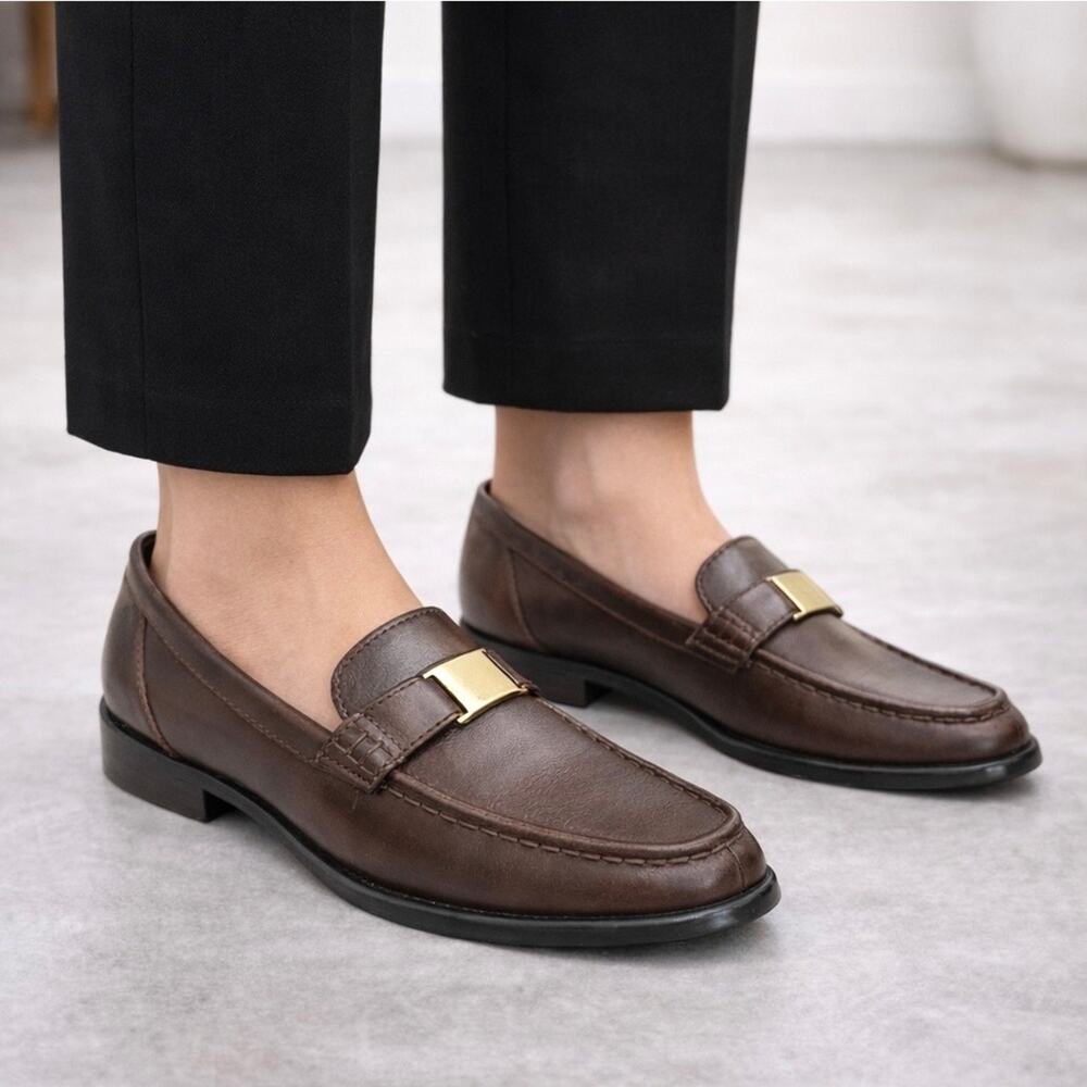 MARKON Womens Square Toe Brown Leather Loafers Flats ALPHA Slip On Shoes sz 10